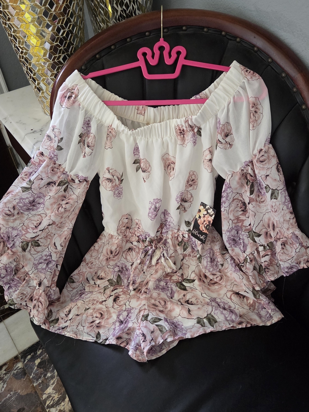 Blush White Off-Shoulder Floral Romper with Pink & Lavender Roses